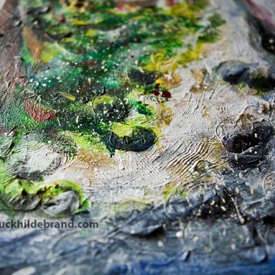 Detail of rocks, made with silver dollar plants that I collaged in to add texture. I always like to put some plant matter into my paintings.