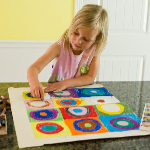 Working on our circle picture with pastels.