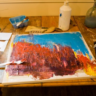 Here is what it looked like a couple days ago, when I decided to recklessly paint over the previous monochromatic canvas.