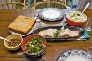 Salmon with almond-parsley-cranberry salad and cornbread