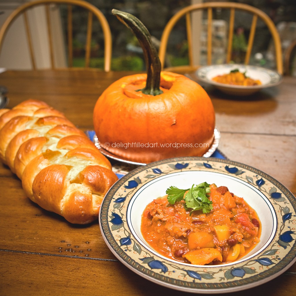 vegetarian chili served in a pumpkin