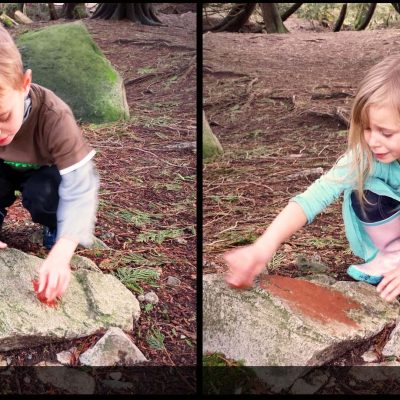 My son found a stone that created reddish brown paint, inspired by Andy Goldsworthy on his documentary, "Rivers and Tides."