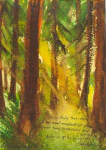 Sunrays in forest watercolour painting